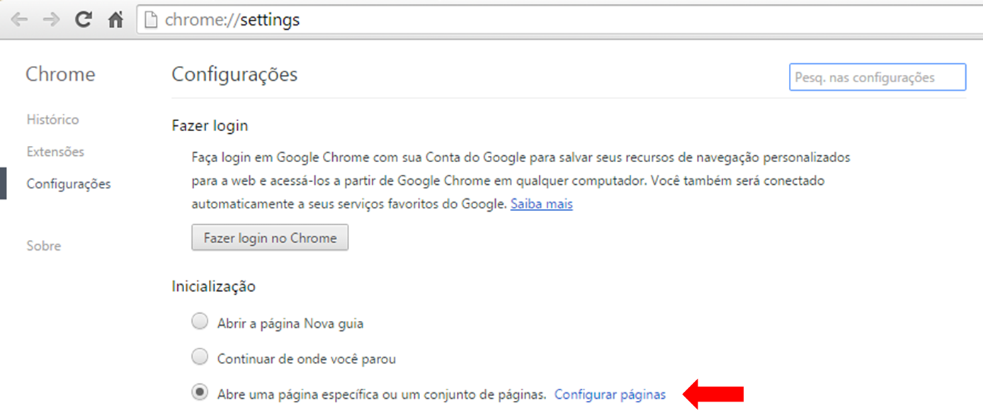 Configuração página do Google Chrome